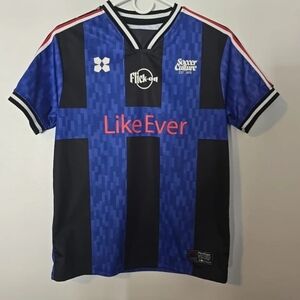 Zara Boys Size 13-14 Soccer Jersey Black and Blue Graphic Short Sleeve EUC